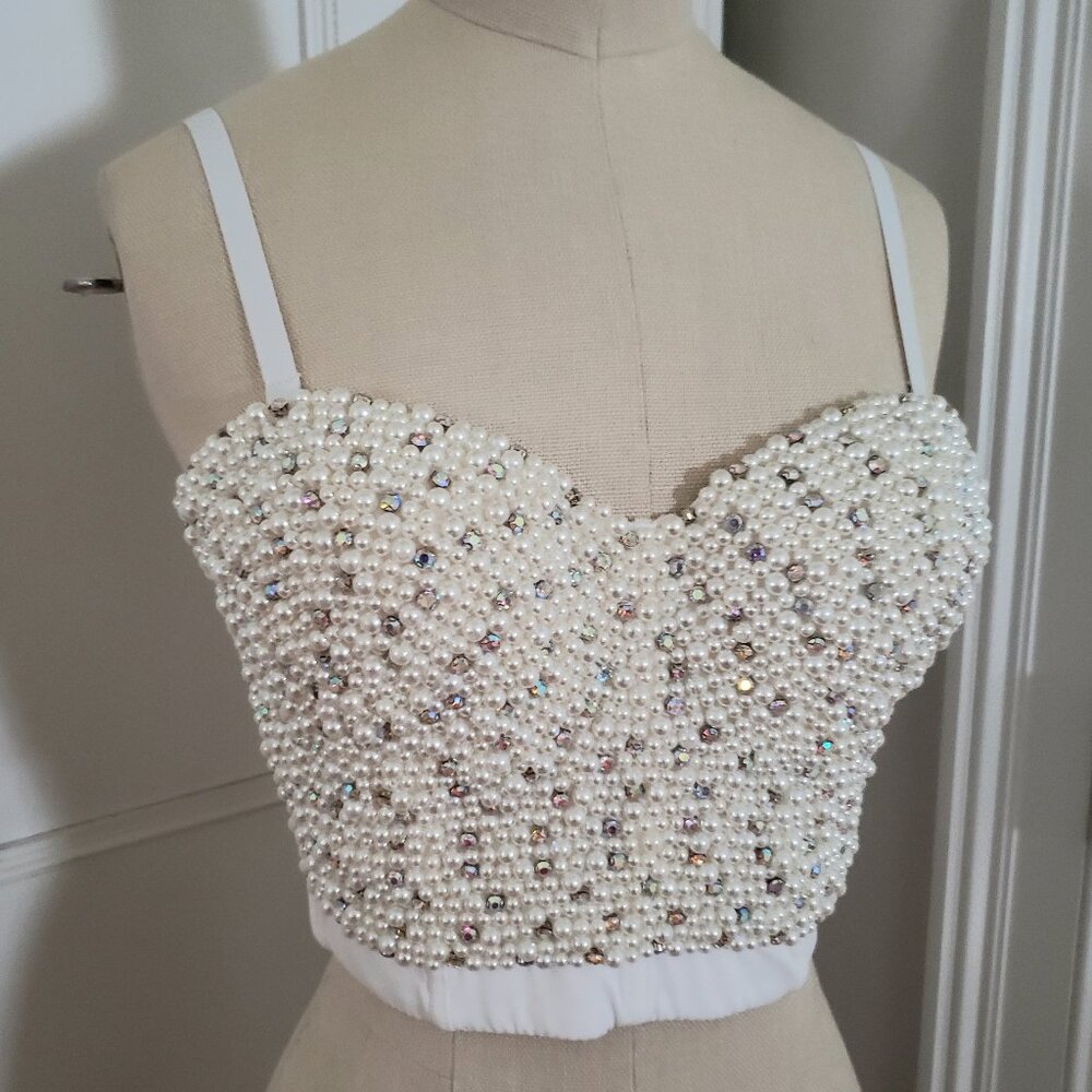 Like New Pearl Rhinestone Beaded bustier crop top Small/Medium